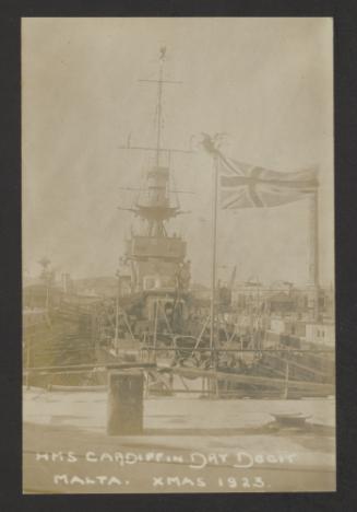 British C-class light cruiser HMS Cardiff (D58), as part of the 3rd Cruiser Squadron, at the Malta Drydock