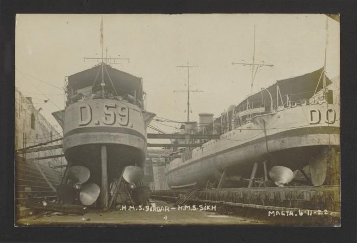 British Admiralty S-class destroyers HMS Sirdar (D59) and HMS Sikh (D06) at the Malta Drydock