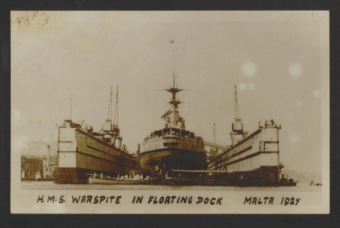 Admiralty Floating Dock No. 8, with Queen Elizabeth-class battleship HMS Warspite (03) within, at Corradino, Grand Harbour, Malta