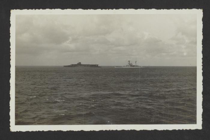 British Courageous-class aircraft carrier HMS Glorious (77) and a Revenge-class battleship off Malta
