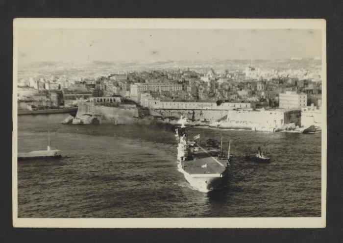 British Centaur-class light aircraft carrier HMS Centaur (R06), at Grand Harbour, Malta, leaving for Port Said