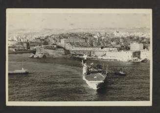 British Centaur-class light aircraft carrier HMS Centaur (R06), at Grand Harbour, Malta, leaving for Port Said