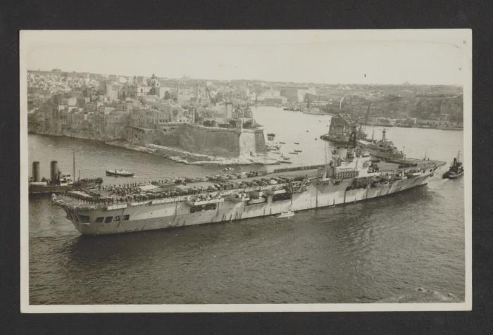 British Colossus-class light aircraft carrier HMS Vengeance (R71), at Grand Harbour, Malta