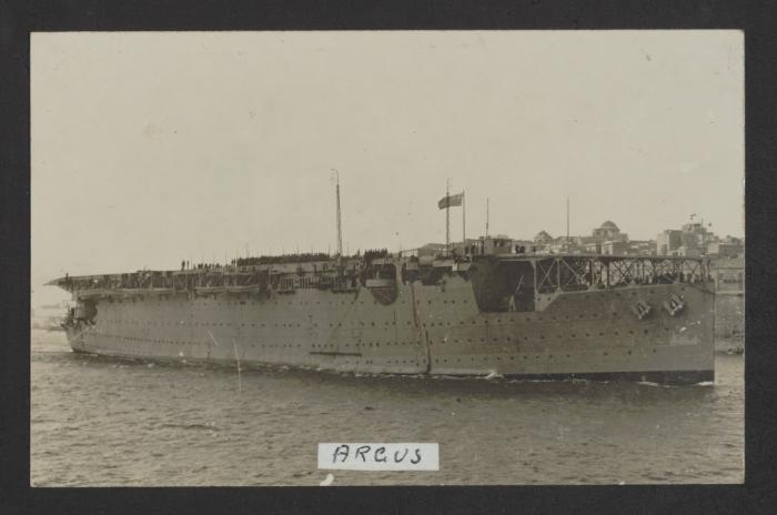British aircraft carrier HMS Argus (I49) at Grand Harbour, Malta