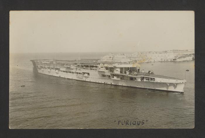 British Courageous-class aircraft carrier HMS Furious (47) at Grand Harbour, Malta