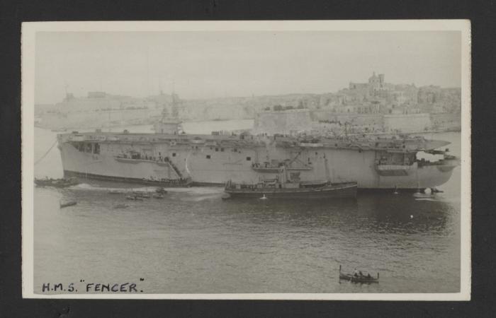 British Attacker-class aircraft carrier HMS Fencer (D64 / R308) at Grand Harbour, Malta