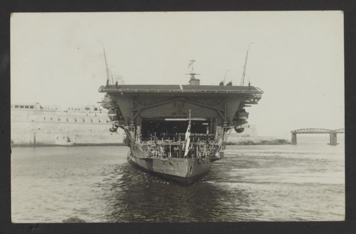 British Courageous-class aircraft carrier HMS Courageous (50) at Grand Harbour, Malta