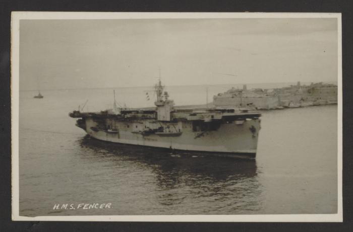 British Attacker-class aircraft carrier HMS Fencer (D64 / R308) at Grand Harbour, Malta