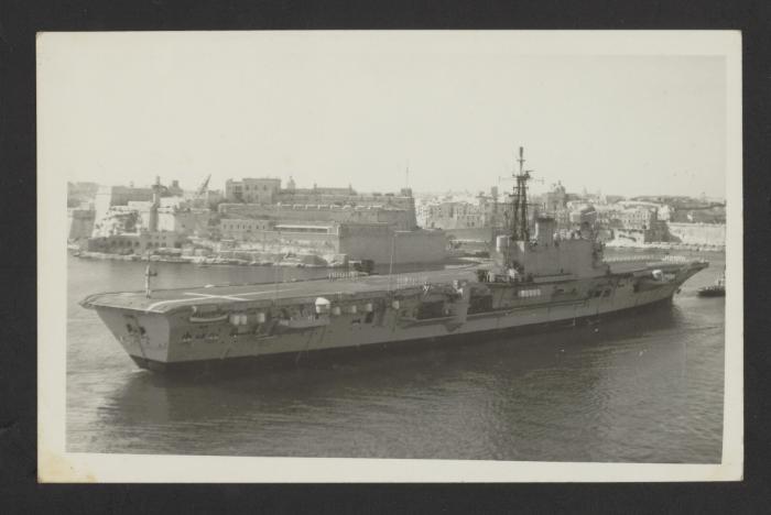 British Centaur-class light aircraft carrier HMS Hermes (R12) at Grand Harbour, Malta