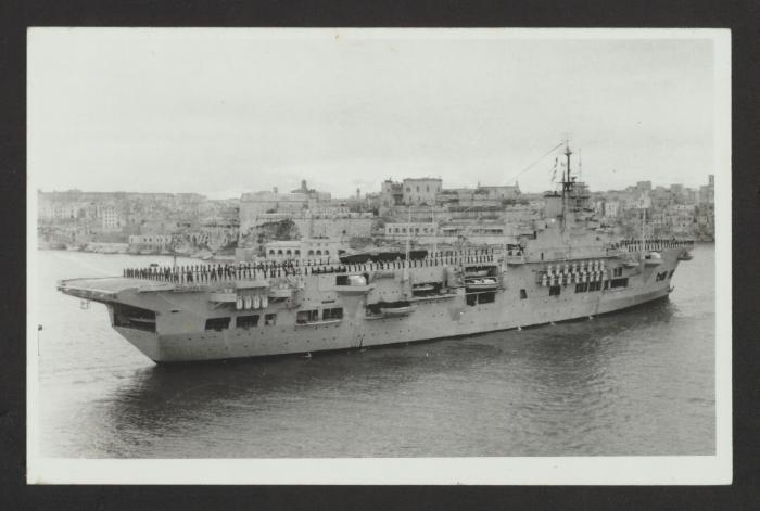 British maintenance aircraft carrer HMS Unicorn (I72) at Grand Harbour, Malta