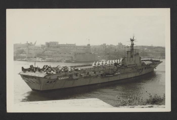 British Centaur-class light aircraft carrier HMS Albion (R07) at Grand Harbour, Malta