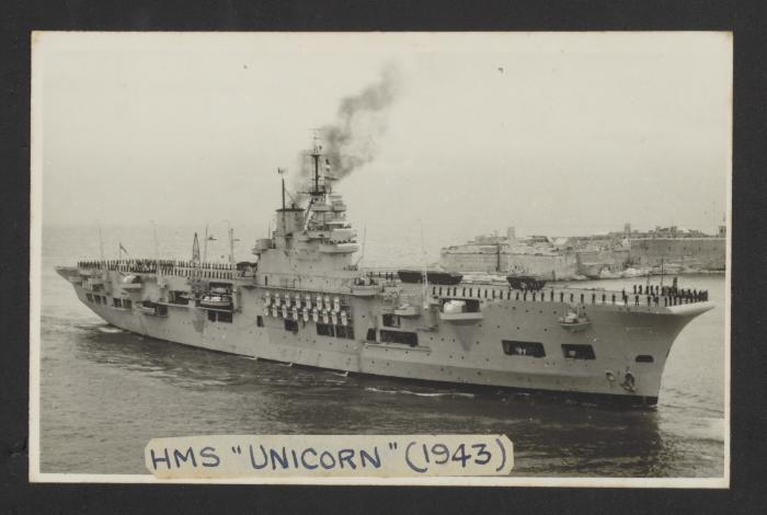 British maintenance aircraft carrer HMS Unicorn (I72) at Grand Harbour, Malta