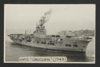 British maintenance aircraft carrer HMS Unicorn (I72) at Grand Harbour, Malta