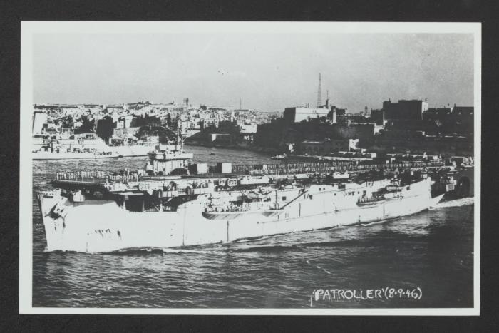 British Ruler-class escort carrier HMS Patroller (D07) at Grand Harbour, Malta