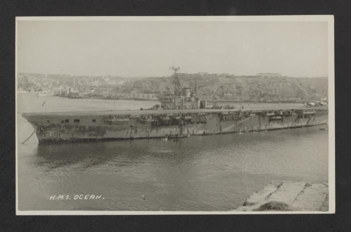 British Colossus-class aircraft carrier HMS Ocean (R68) at Grand Harbour, Malta