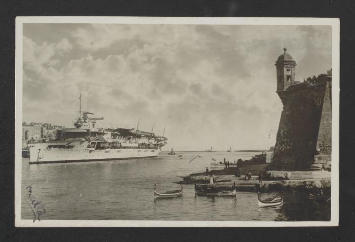 British Courageous-class aircraft carrier HMS Glorious (77), with Senglea Point in the foreground, at Grand Harbour, Malta