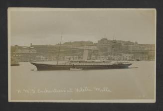 British Bittern-class sloop and Admiral's yacht HMS Enchantress (L56) in Grand Harbour, Malta