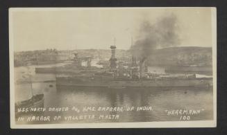 British Iron Duke-class battleship HMS Emperor of India (1913) and American Delaware-class dreadnought battleship USS North Dakota (BB-29) at Grand Harbour, Malta