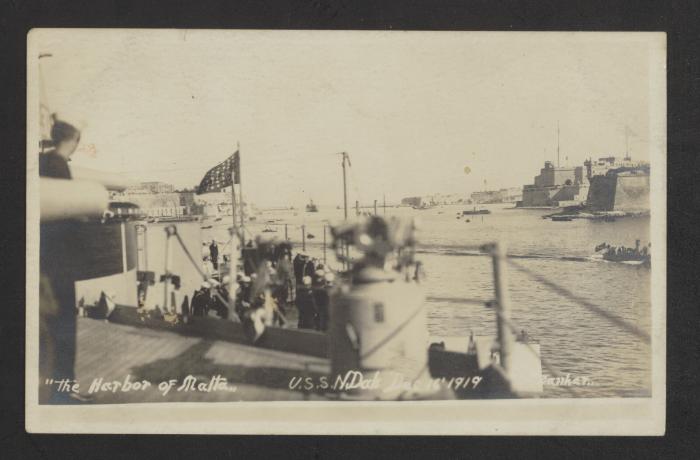View of Grand Harbour from American Delaware-class dreadnought battleship USS North Dakota (BB-29)