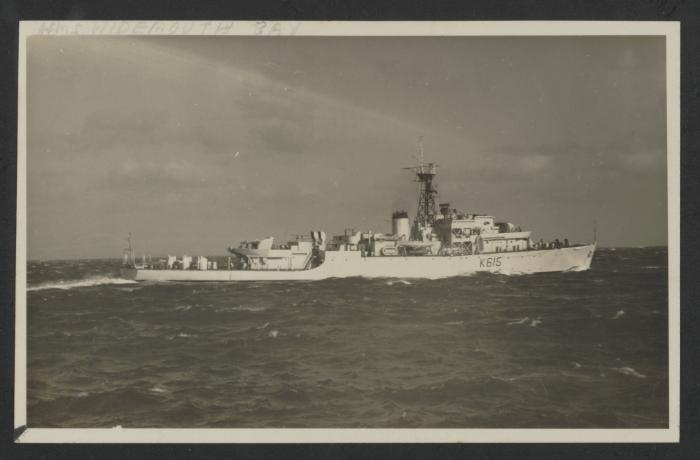 HMS Widemouth Bay (K615), at sea, after ports of call San Raphael, Ajaccio, Golfo Aranci, Limassol, Bughoz, Port Said, Beirut, Haifa, Larnaca.