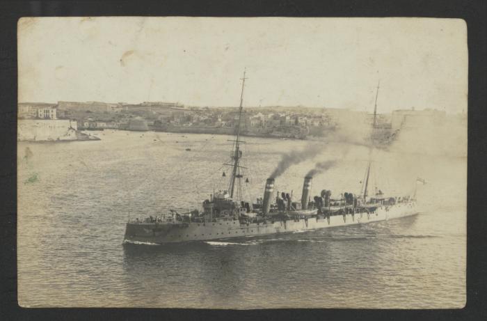 Surface warship in Grand Harbour, Malta, with Kalkara Creek in the background