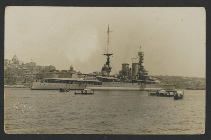 (Dreadnought battleship?) in Grand Harbour, Malta, with Senglea in the background
