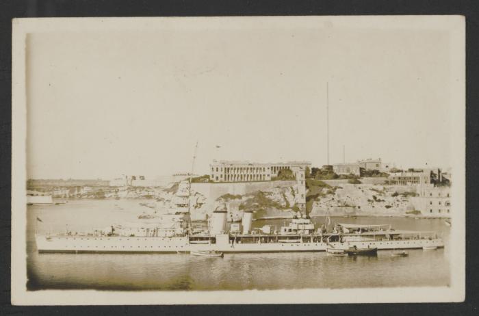 (Destroyer?) in Grand Harbour, Malta with Bighi Naval Hospital in the background