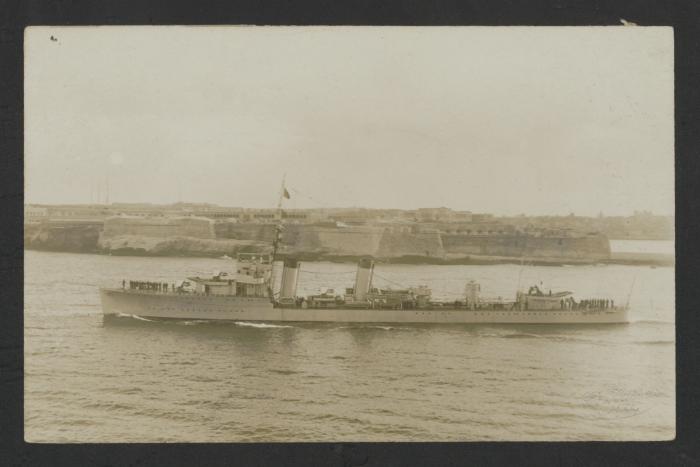 (Destroyer?) in Grand Harbour, Malta with Fort Ricasoli in the background