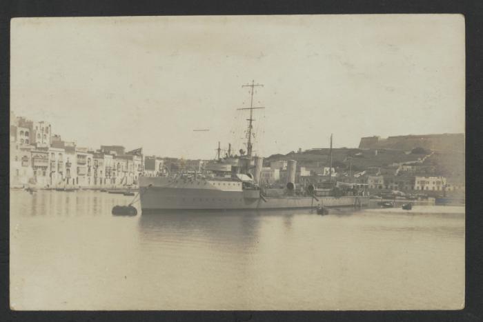 (Torpedo Boat) in Grand Harbour, with Kalkara Creek and the Cottonera Lines (Fort San Salvatore) in the background