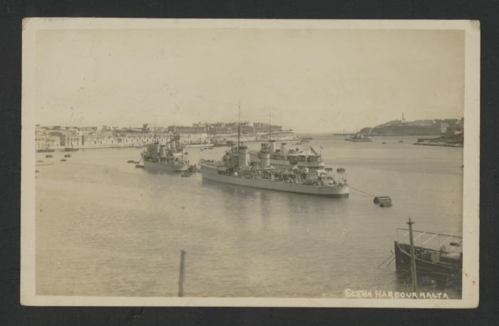 (Destroyers?) in Sliema Creek, Marsamxett harbour, Malta; Letter from "Jess" to their father in Dorset, England