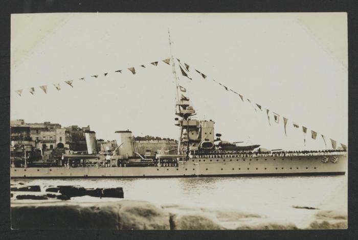 (Light Cruiser?) in (Dockyard Creek?), Grand Harbour, Malta, with (Senglea?) in the background