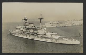 (Queen Elizabeth-class?) battleship, exiting Grand Harbour, Malta