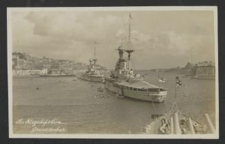 Line of two British battleships in Grand Harbour, Malta; picture taken from another British battleship; captioned "The Flagships Line Grand Harbour"