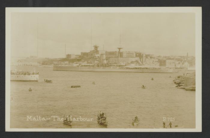 (Queen Elizabeth-class?) battleship in Grand Harbour, Malta, with Bighi Naval Hospital in the background