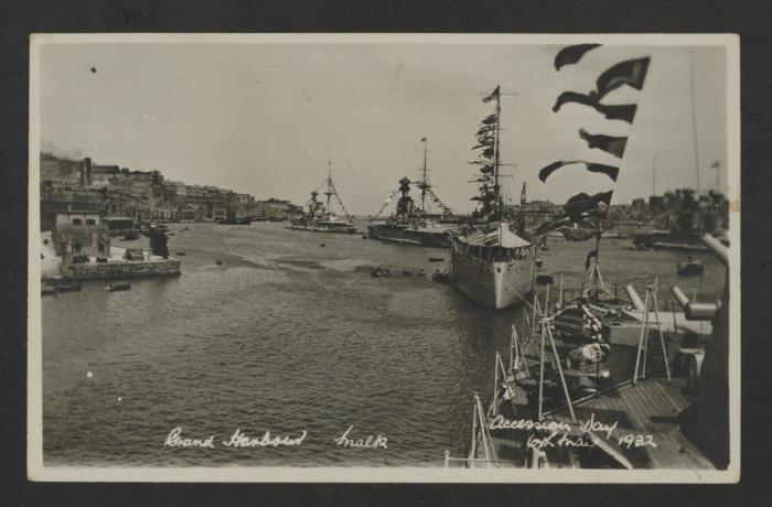 Line of four British battleships in Grand Harbour, Malta, on the 22nd Accession Day anniversary of King George V