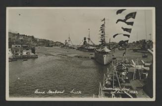 Line of four British battleships in Grand Harbour, Malta, on the 22nd Accession Day anniversary of King George V