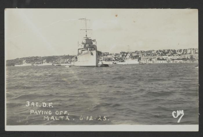 3rd Destroyer Flotilla anchored at Grand Harbour, Malta, with Valletta in the background; captioned "3rd D.F. Paying Off, Malta. 6.12.25"