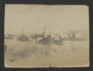 Austrian Squadron in Grand Harbour, Malta, with the battleships Prinz Eugen and Tegethoff in the foreground; captioned "Unsere Eskadre in Malta (Flaggengaaler?)