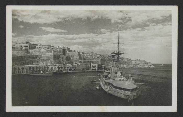 (Dreadnought battleship?) in Grand Harbour, Malta, with Valletta in the background