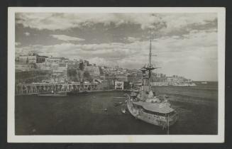 (Dreadnought battleship?) in Grand Harbour, Malta, with Valletta in the background