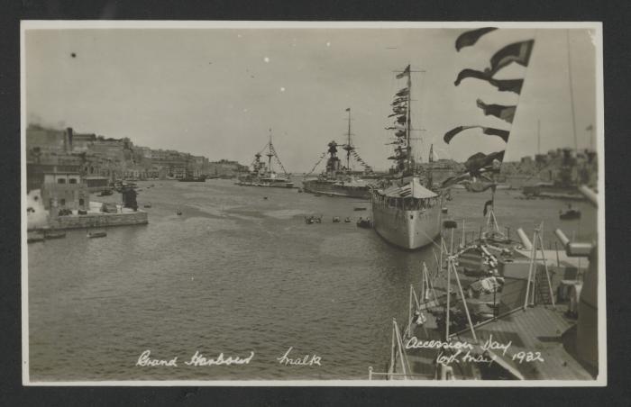 Line of four British battleships in Grand Harbour, Malta, on the 22nd Accession Day anniversary of King George V