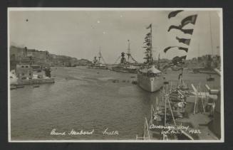 Line of four British battleships in Grand Harbour, Malta, on the 22nd Accession Day anniversary of King George V
