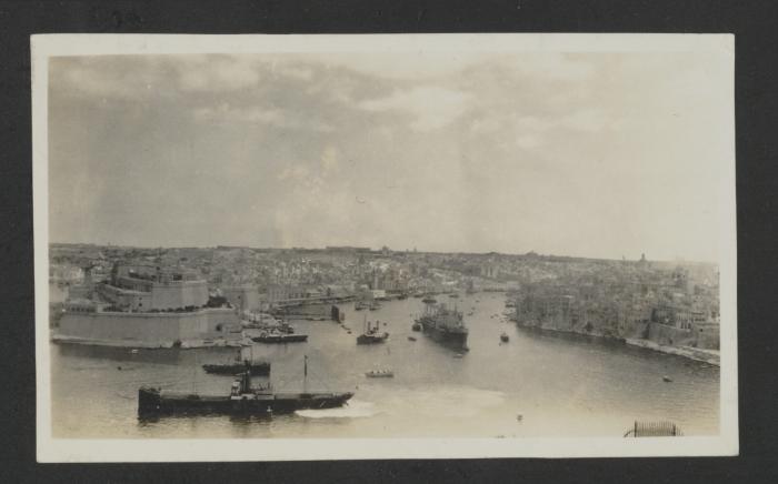 View of Grand Harbour and Dockyard Creek from Valletta, with various ships and other watercraft between Fort St. Angelo and Senglea