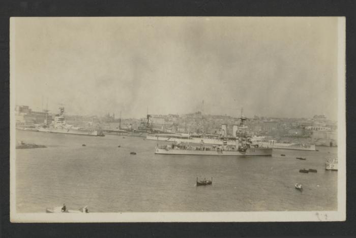 (Destroyer?) D 54 in Grand Harbour, Malta, with various other surface warships in the background