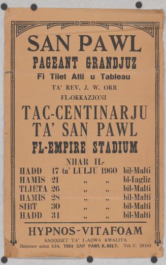 San Pawl Pageant Grandjuz fi Tliet Atti u Tableau ta' Rev. J.W. Orr fl-Okkazjoni tac-Centinarju ta' San Pawl fl-Empire Stadium