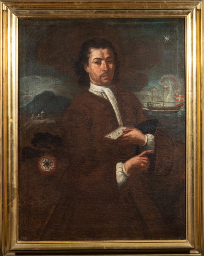 Portrait of Padrone or Captain with a brigantine in the background and a mariner’s compass