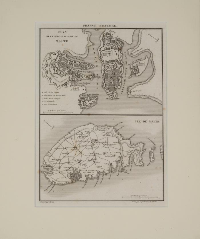Pair of Engravings in one sheet France Militaire Ile de Malte: Plan de la ville et du port de Malte