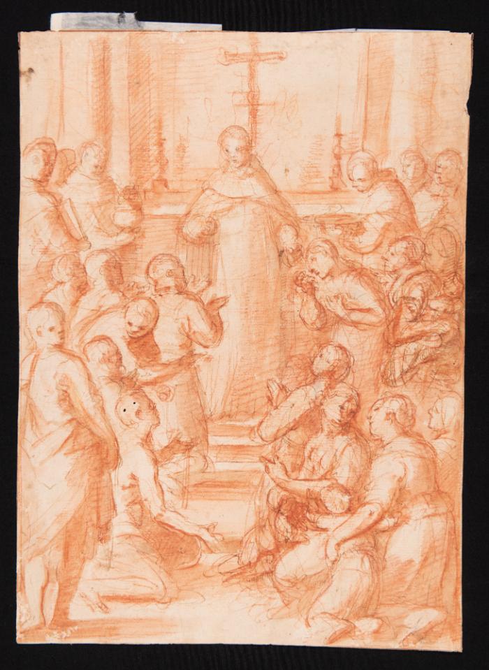 A monk offering alms in a church (R.) / Various sketches (V.)