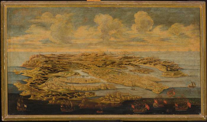 Bird's Eye view of Malta with its Harbour and Fortifications