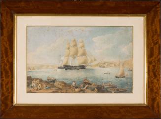 A man-of-war in full sail in Marsamxett Harbour, Malta, with the Valletta Bastions in the background